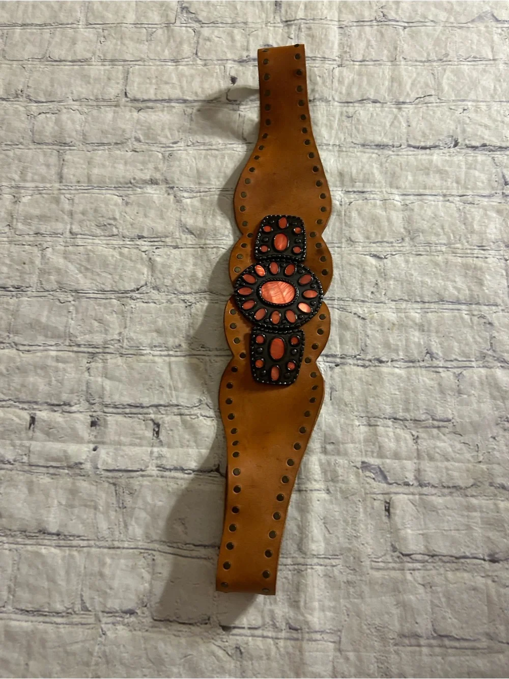 BOHO WESTERN WIDE RUST DARK CARMEL LEATHER BRASS STUDS CORAL MEDALLION BELT